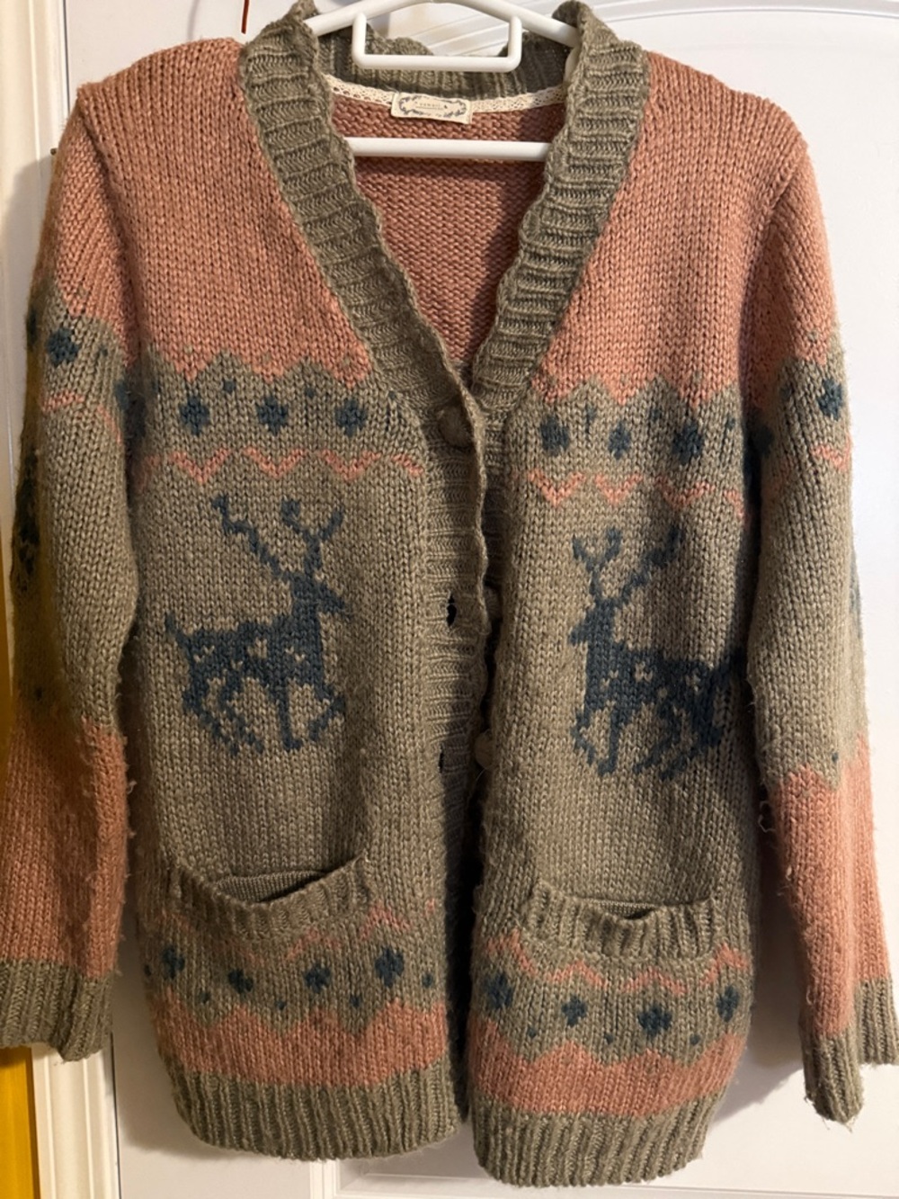 Cozy Oversized Pink and Taupe Reindeer Knit Cardigan Sweater